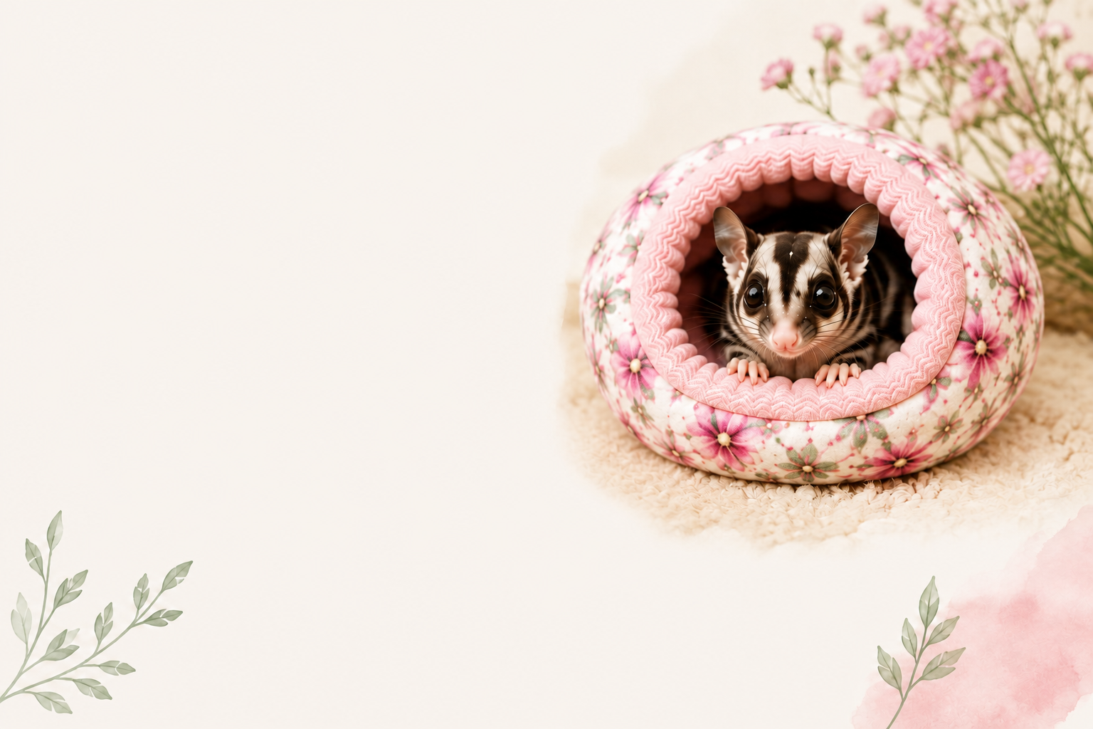 Sugar glider nestled in a pink floral pouch on a cream blanket